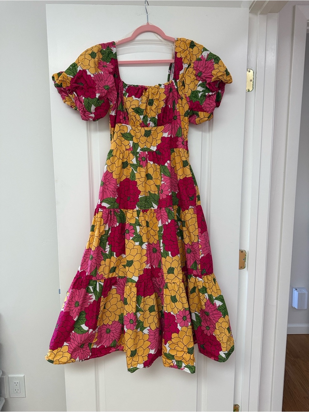 LISTICLE Smocked Pink Yellow Floral Puff Sleeve Sundress Dress w/Pockets Medium